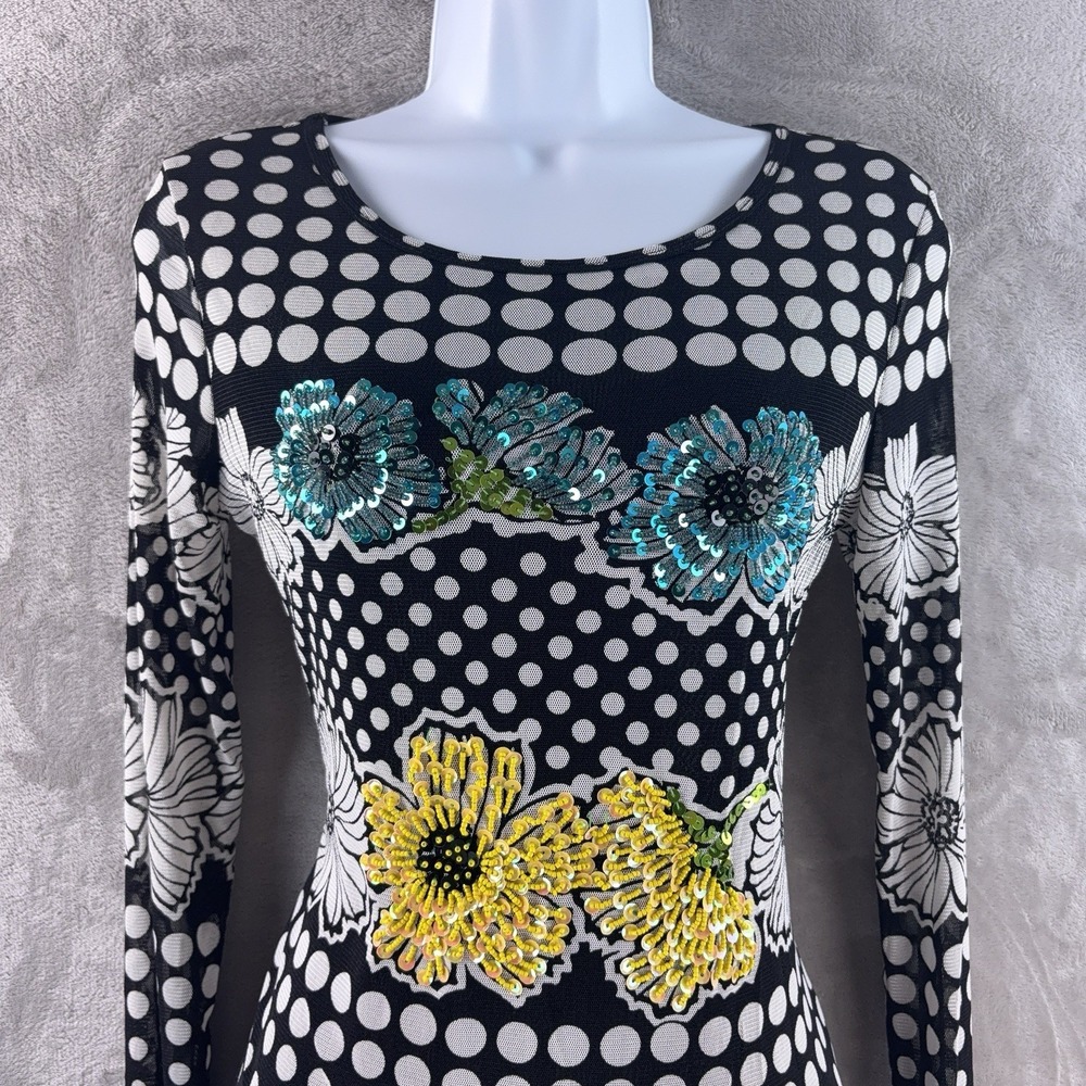 CACHE Mesh Blouse Womens Size Small Black White Polka Dot Sequin Floral Y2K - Picture 3 of 8